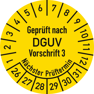 Prüfplakette „Geprüft n. DGUV Vorschrift 3“ – 2026–2031, Ø 25 mm, Dokumentenfolie, 10 Stück/Bogen
