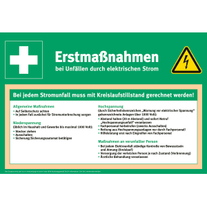 Zusatzschild „Erstmaßnahmen bei Unfällen durch elektrischen Strom“ – PVC, 410 × 280 mm