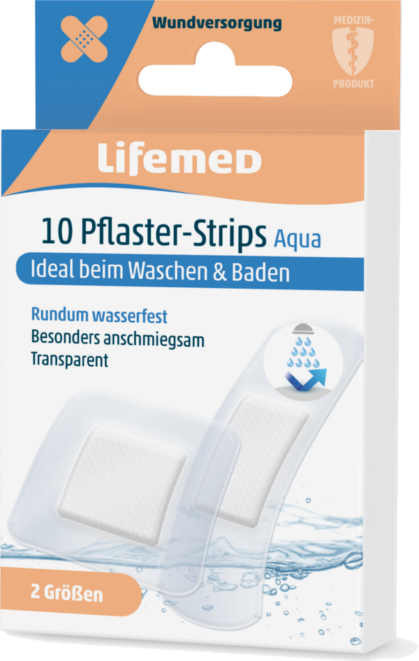 Lifemed® Pflaster-Strips „Aqua“ – transparent, wasserfest (10 Stück, 2 Größen)