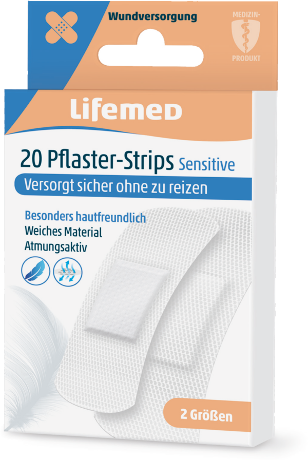 Lifemed® Pflaster-Strips „Sensitive“ – weiß, hautfreundlich (20 Stück, 2 Größen)