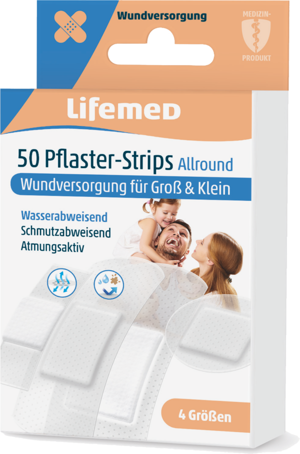 50 Lifemed Pflaster-Strips halbtransparent „Allround“ – 4 Größen
